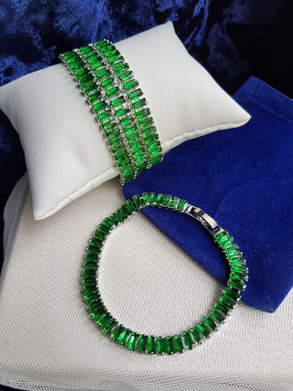 Swarovski Elements Silver Emerald Green Emerald-cut Baguette Tennis Bracelet NEW
